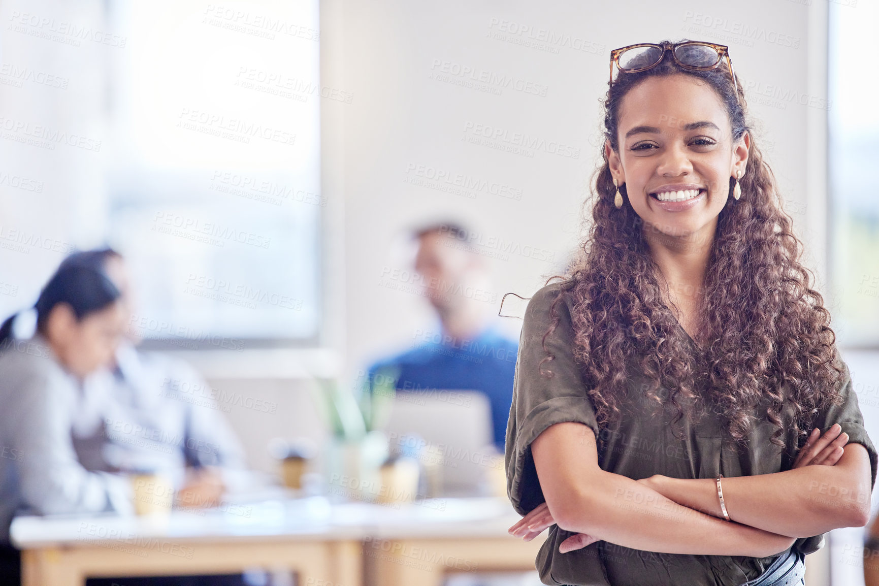 Buy stock photo Business woman, portrait smile and arms crossed for leadership or management in meeting at the office. Happy female person or confident manager smiling for teamwork, success or planning at workplace