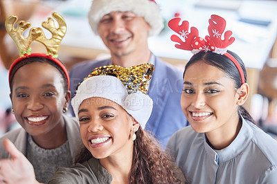 Buy stock photo Christmas, selfie and portrait with business people in office for social media, celebration and xmas. Festive, holiday and community with friends at party for team building, diversity and support