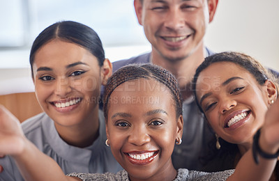 Buy stock photo Company, selfie and smile portrait in office, diversity and happy teamwork or colleagues. Group, happy and employees for business or memories, insurance agency and profile picture for social media 