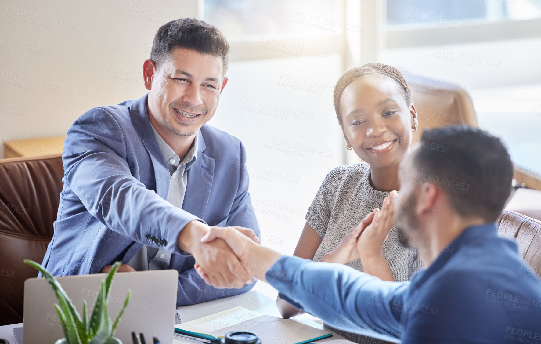 Buy stock photo Business people, handshake and applause in meeting for partnership, b2b agreement or hiring at office. Happy group of employees shaking hands and clapping in recruitment, teamwork or corporate growth