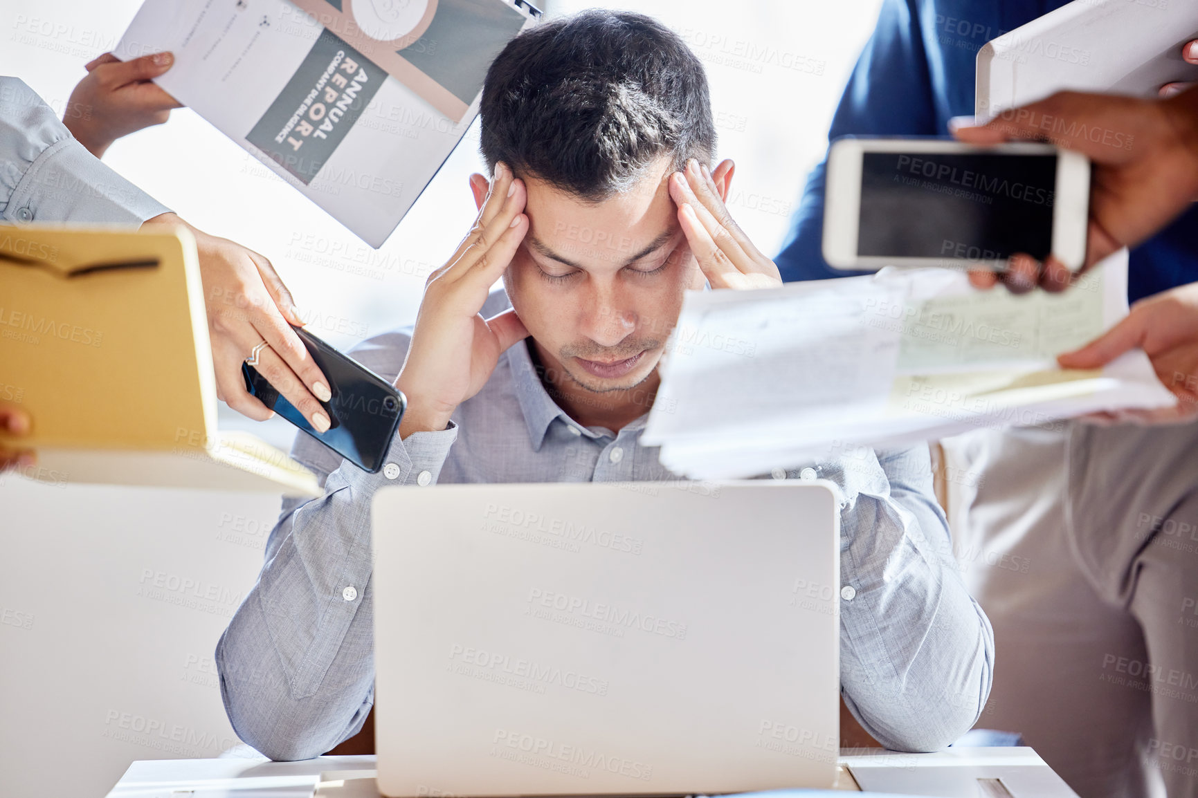 Buy stock photo Business people, hands and man with stress headache in office for laptop multitasking, fail or deadline disaster. Migraine, crisis or accountant overwhelmed by team for tax, audit or compliance chaos