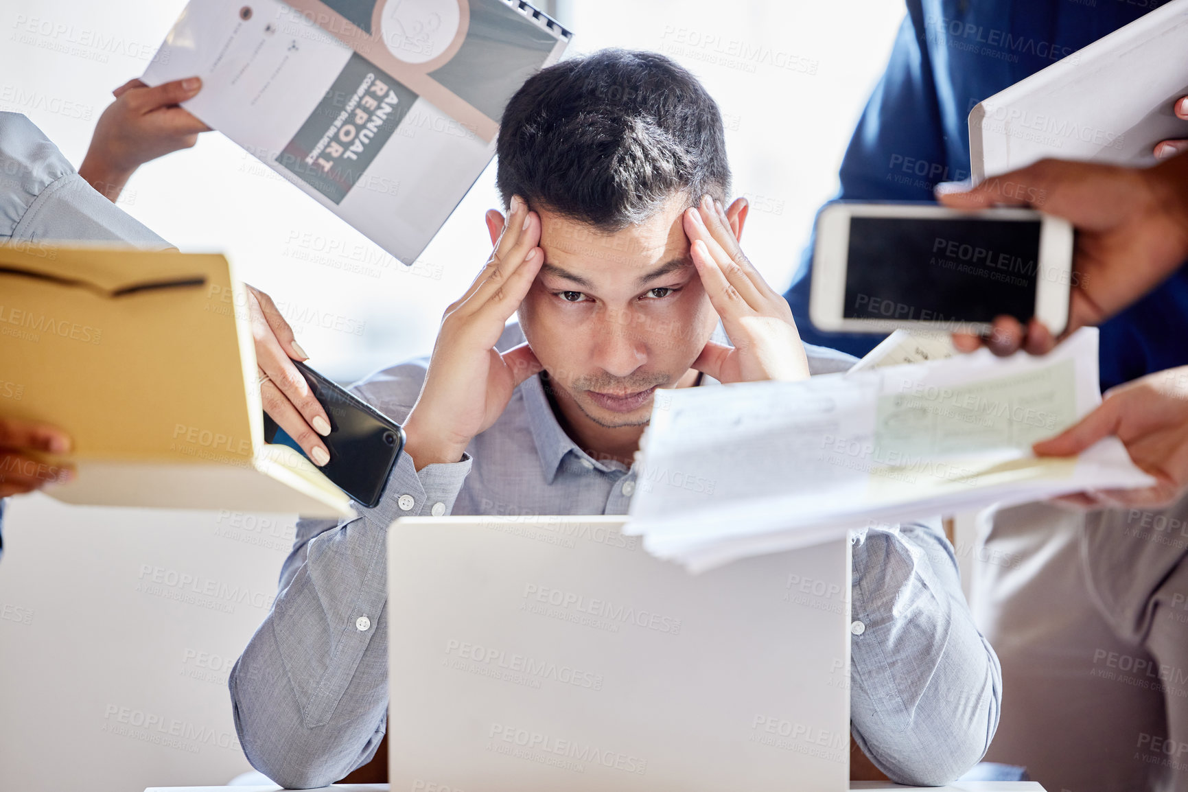 Buy stock photo Business hands, portrait or man with stress headache in office on laptop multitasking, fail or deadline disaster. Migraine, crisis or accountant overwhelmed by team for tax, audit or compliance chaos