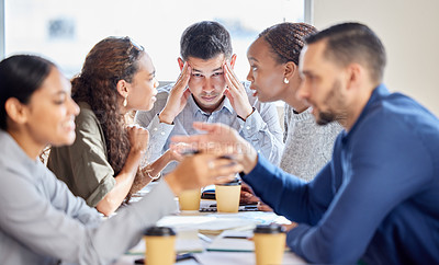 Buy stock photo Group, headache and business man with stress, meeting and conversation for brainstorming, overworked and burnout. Male person, employee and staff with chaos, manager with a migraine and frustrated