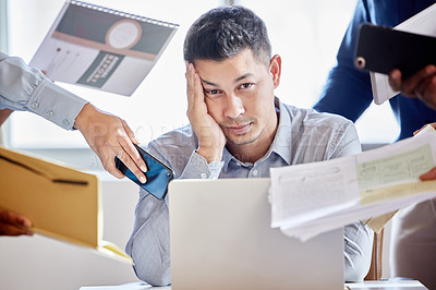 Buy stock photo Hands, portrait or businessman with multitasking stress in office or laptop headache, mistake or deadline disaster. Burnout, chaos or manager overwhelmed by team for tax, audit or compliance fail