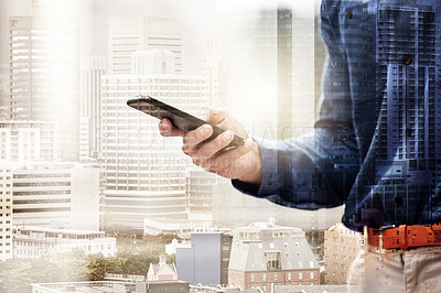 Buy stock photo Hand, smartphone and man with city overlay for networking or internet browsing for research and schedule project task. Male property developer, double exposure and mobile for business communication.