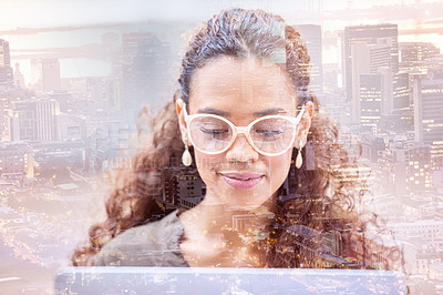 Buy stock photo Business woman, computer and double exposure of city in office for planning, research or networking in startup. Pc, creative professional or designer on internet, website or reading email at night