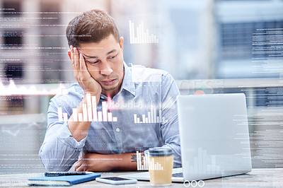 Buy stock photo Working, man and tired in office with laptop, data analytics and corporate employee or brain fog in digital information. Overworked, statistics and online for research deadline, burnout and overlay