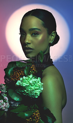 Buy stock photo Neon, portrait and woman with bouquet of flowers in studio for beauty, cosmetics and makeup. Face, female person and pride by backdrop for glow, art deco and foundation with floral for aesthetic 