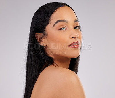 Buy stock photo Portrait, beauty and woman with makeup in studio for hair care, glowing skin or keratin treatment on white background. Salon, aesthetic and female model for confidence, cosmetics or fresh texture