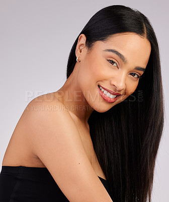 Buy stock photo Portrait, beauty and woman with hair care in studio for growth, keratin treatment or shampoo glow on white background. Salon, aesthetic and female model for confidence, cosmetics or fresh texture