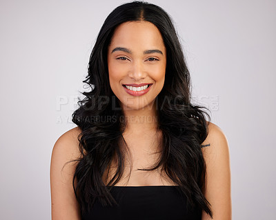 Buy stock photo Portrait, hair care and woman with makeup in studio for beauty, glowing skin or keratin treatment on white background. Salon, aesthetic and model with smile for confidence, cosmetics or fresh texture