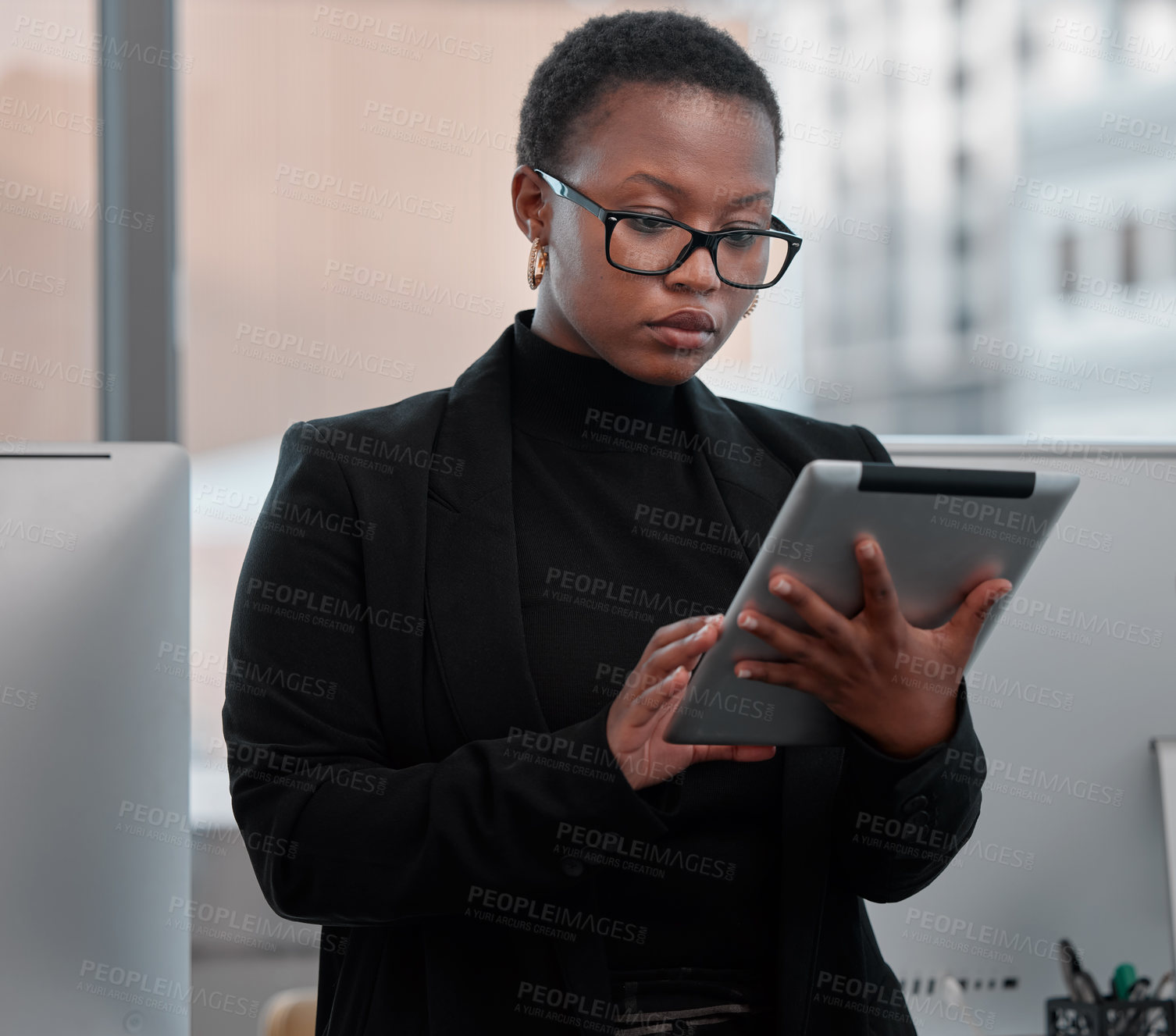 Buy stock photo African businesswoman, tablet and career for online report,  digital website or internet streaming in office. Professional person, glasses or serious with tech in corporate for networking in work job
