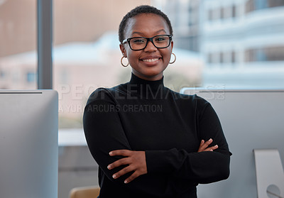Buy stock photo African businesswoman, smile and portrait for career report or project management in modern office. Profession, happy and confident for corporate, organisation or work in job for company empowerment 