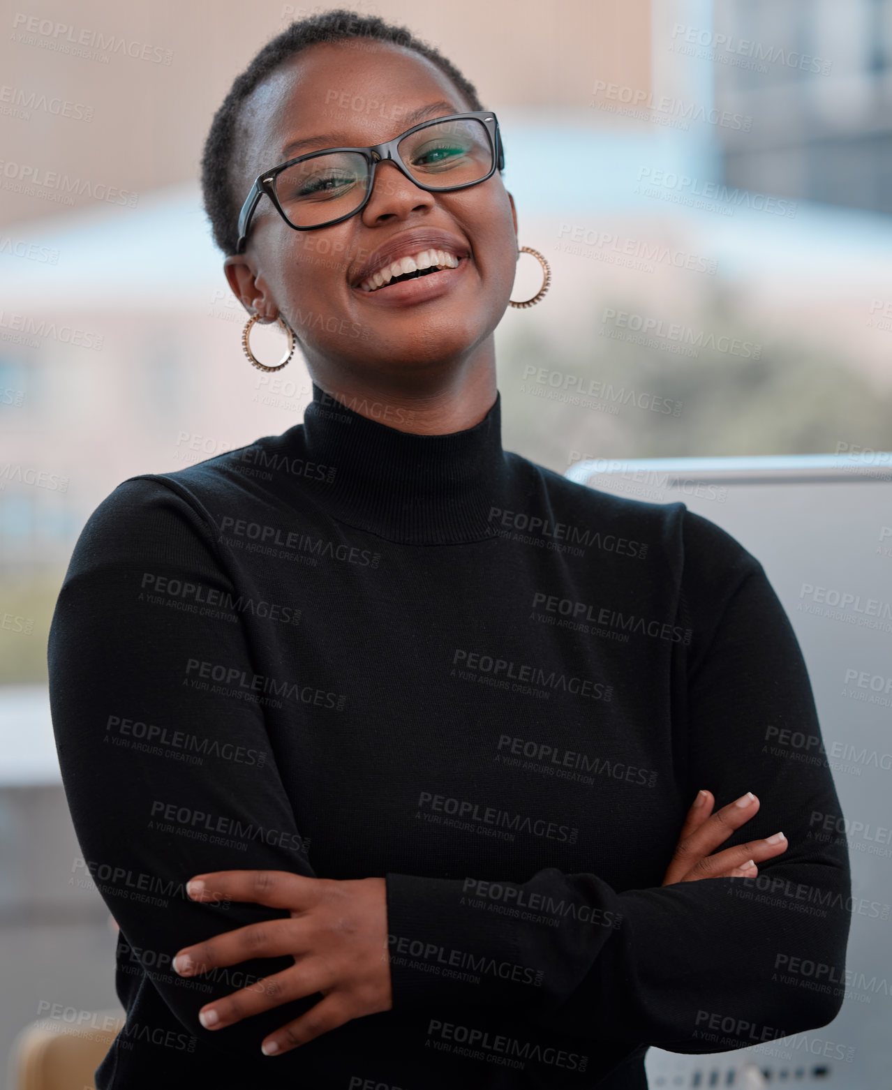 Buy stock photo Businesswoman, portrait and office with arms crossed, smile and confidence for goals. Creative writer, professional news editor and expert reporter for content creation, publishing and press startup