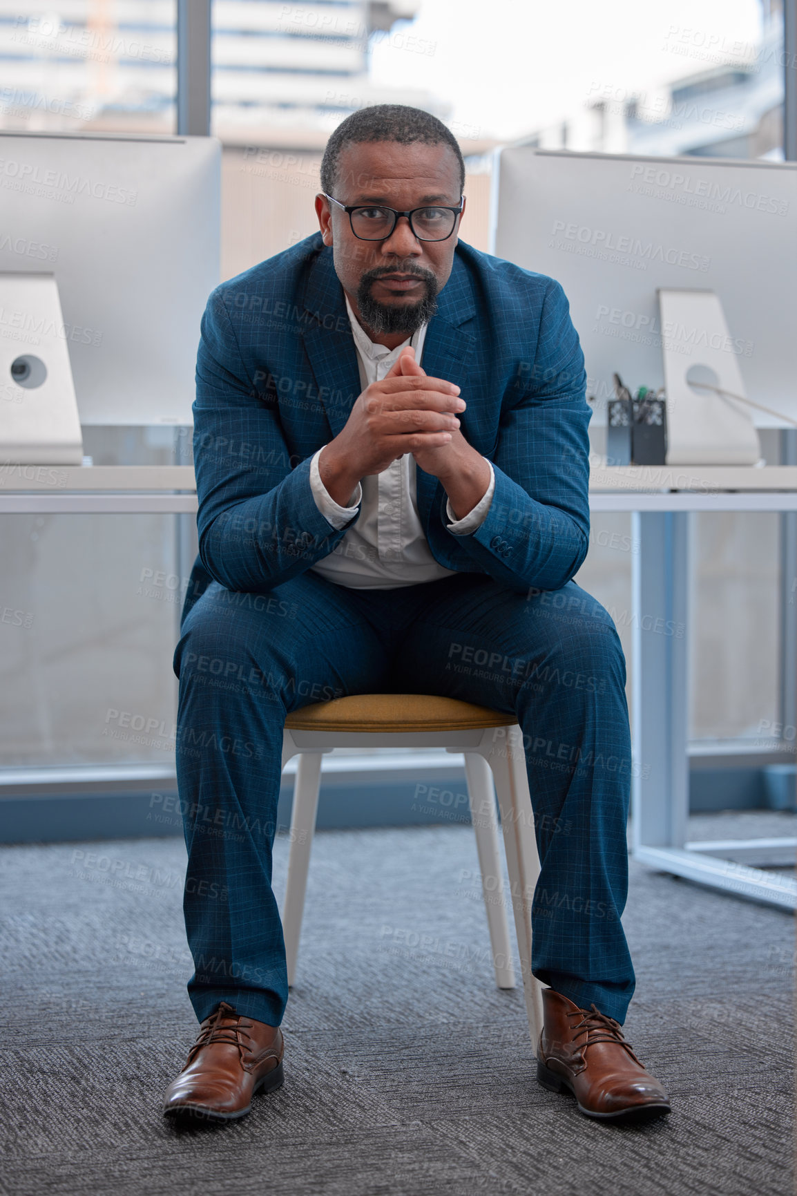 Buy stock photo Businessman, portrait and office with sitting, serious and confidence for manager. Creative writer, professional news editor and expert reporter for content creation, publishing and press startup