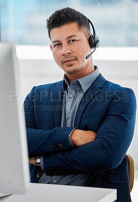 Buy stock photo Call center, contact us and man consultant in office for online crm consultation with headset. Technology, technical support and portrait of customer service or telemarketing advisor work on computer