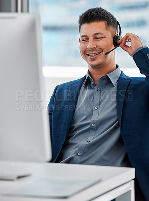 Buy stock photo Customer service, contact us and man consultant in office for online crm consultation with headset. Technology, technical support and male call center or telemarketing advisor working on computer.