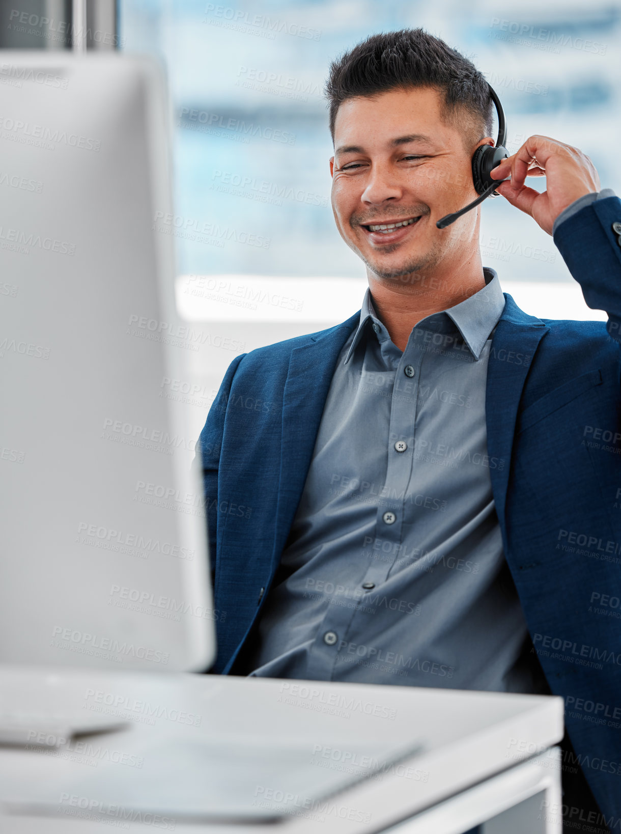Buy stock photo Customer service, contact us and man consultant in office for online crm consultation with headset. Technology, technical support and male call center or telemarketing advisor working on computer.