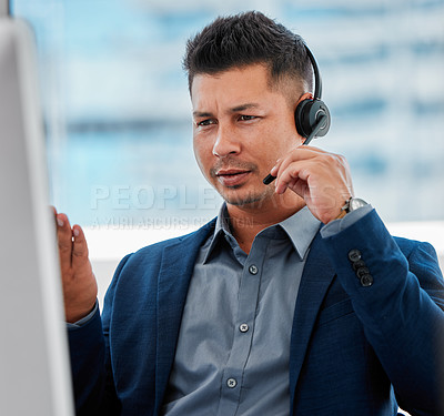 Buy stock photo Call center, communication and man consultant in office for online crm consultation with headset. Technology, technical support and male customer service or telemarketing advisor working on computer.
