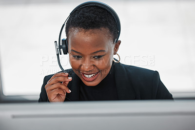 Buy stock photo Customer service, contact us and black woman consultant in office for online crm consultation with headset. Technology, technical support and call center or telemarketing advisor working on computer.