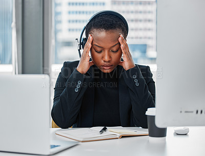Buy stock photo Call center, stress and black woman consultant in office for online crm consultation with headset. Technology, technical support and female customer service or telemarketing advisor with headache.
