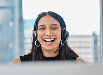 Buy stock photo Call center, contact us and woman agent in office for online crm consultation with headset. Technology, technical support and female customer service or telemarketing consultant working on computer.