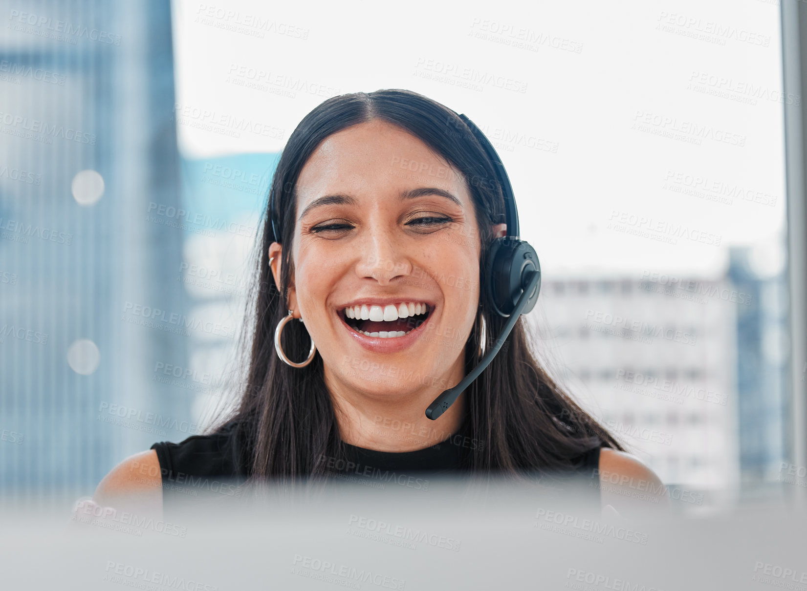 Buy stock photo Call center, contact us and woman agent in office for online crm consultation with headset. Technology, technical support and female customer service or telemarketing consultant working on computer.