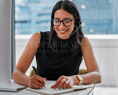Buy stock photo Call center, writing notes and woman consultant in office for online crm consultation with headset. Technology, receptionist and female telemarketing advisor or secretary with communication and book.