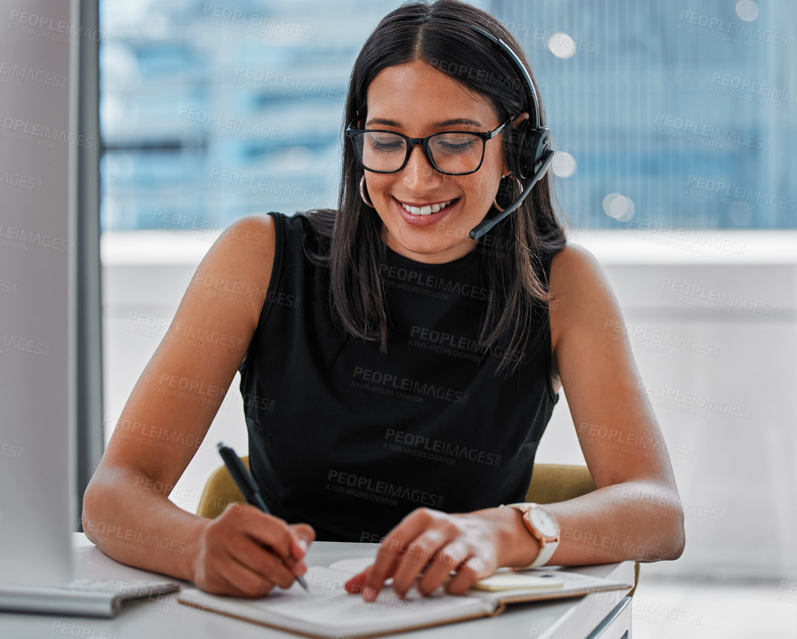 Buy stock photo Call center, writing notes and woman consultant in office for online crm consultation with headset. Technology, receptionist and female telemarketing advisor or secretary with communication and book.