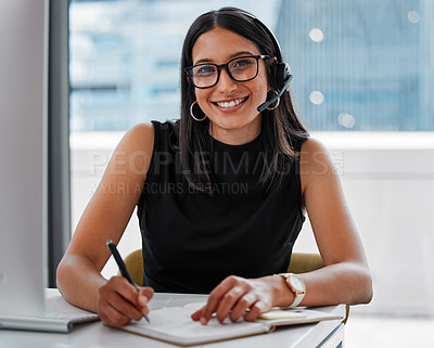 Buy stock photo Call center, writing notes and woman agent in office for online consultation with headset. Technology, receptionist and portrait of telemarketing consultant or secretary with communication and book.