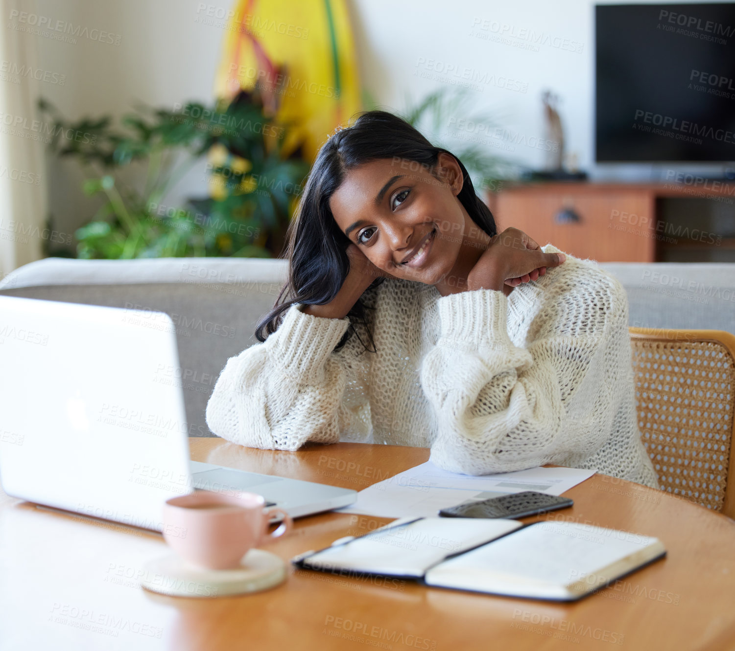 Buy stock photo Home, portrait and girl with calculator, studying and laptop for research of exam paper and smile. Apartment, desk and woman in university, notebook and coffee for learning in morning or online class