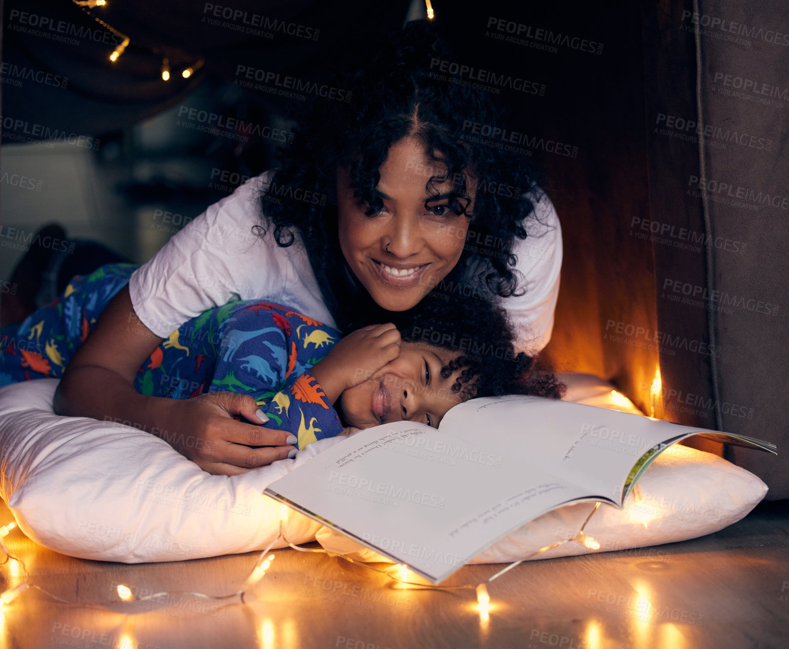 Buy stock photo Reading, bedroom and portrait of kid with mom in home, smile and child together with mother for love. Young boy, pyjamas and storytelling with woman, night and relax on weekend and happy for book