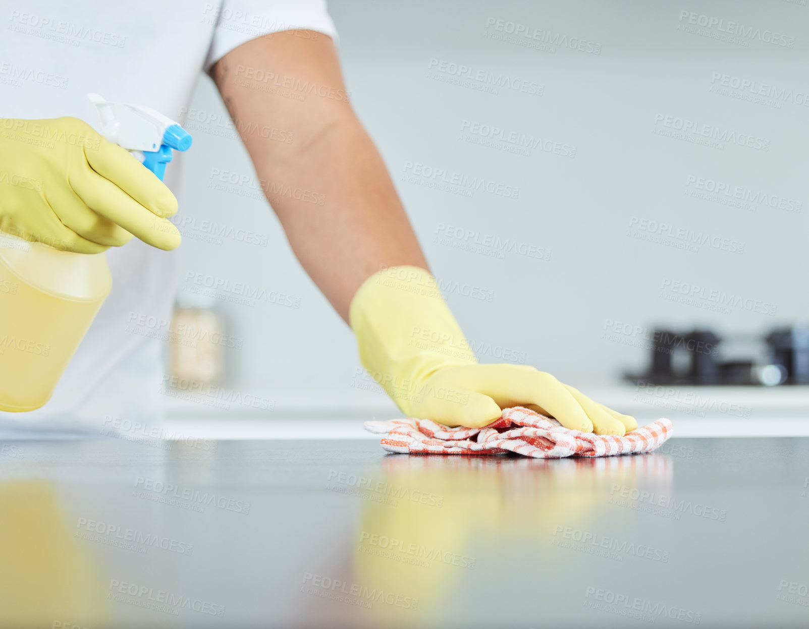 Buy stock photo Cleaning, cloth and spray bottle with hands on person in gloves for kitchen disinfection or hygiene. Home, product and surface with housekeeper in apartment or hotel for chores or responsibility