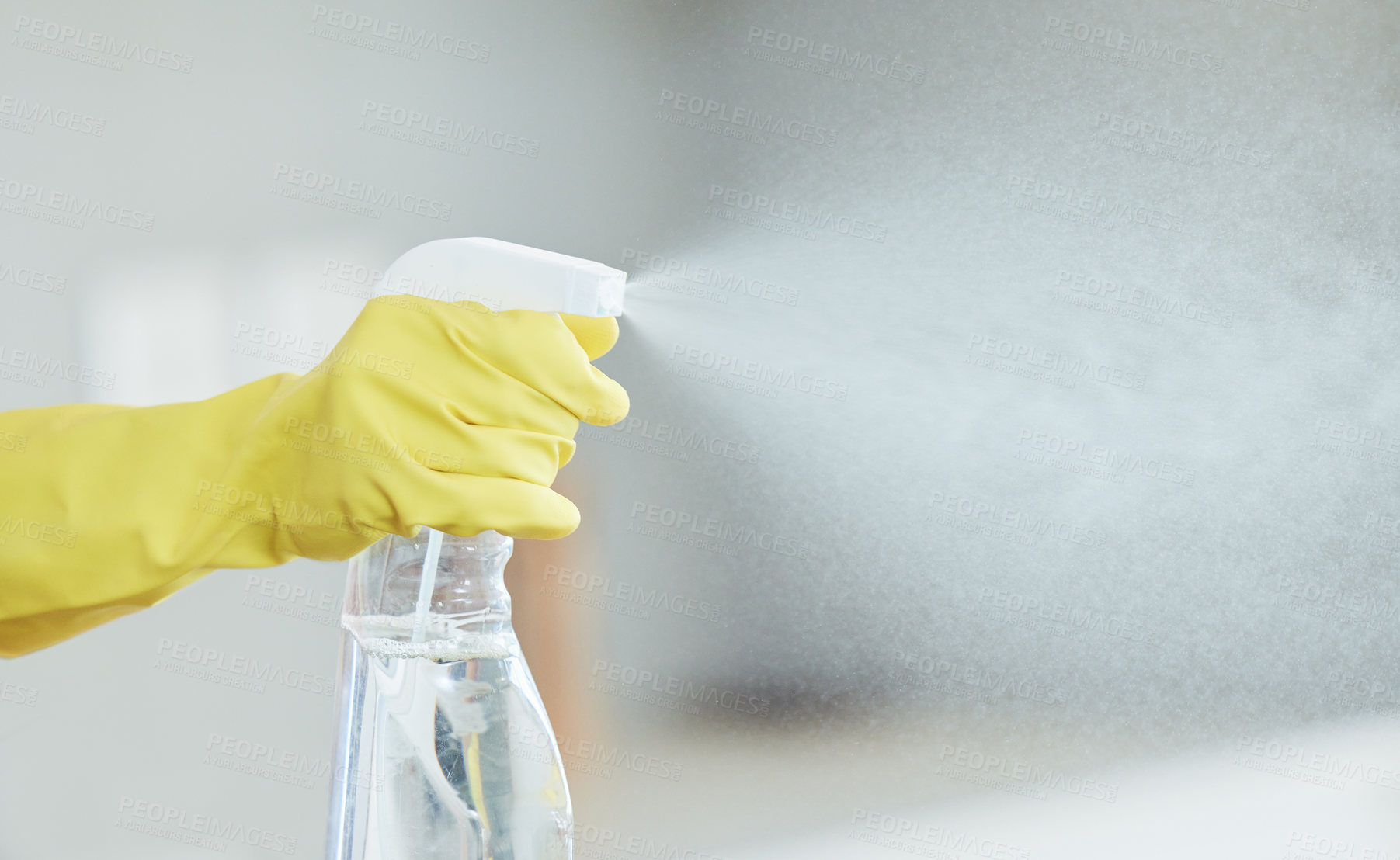 Buy stock photo Spray, bottle and hands with product for cleaning, chemical disinfection or janitor working closeup. Detergent, sanitizer and cleaner with liquid in container to wash and dust apartment or home