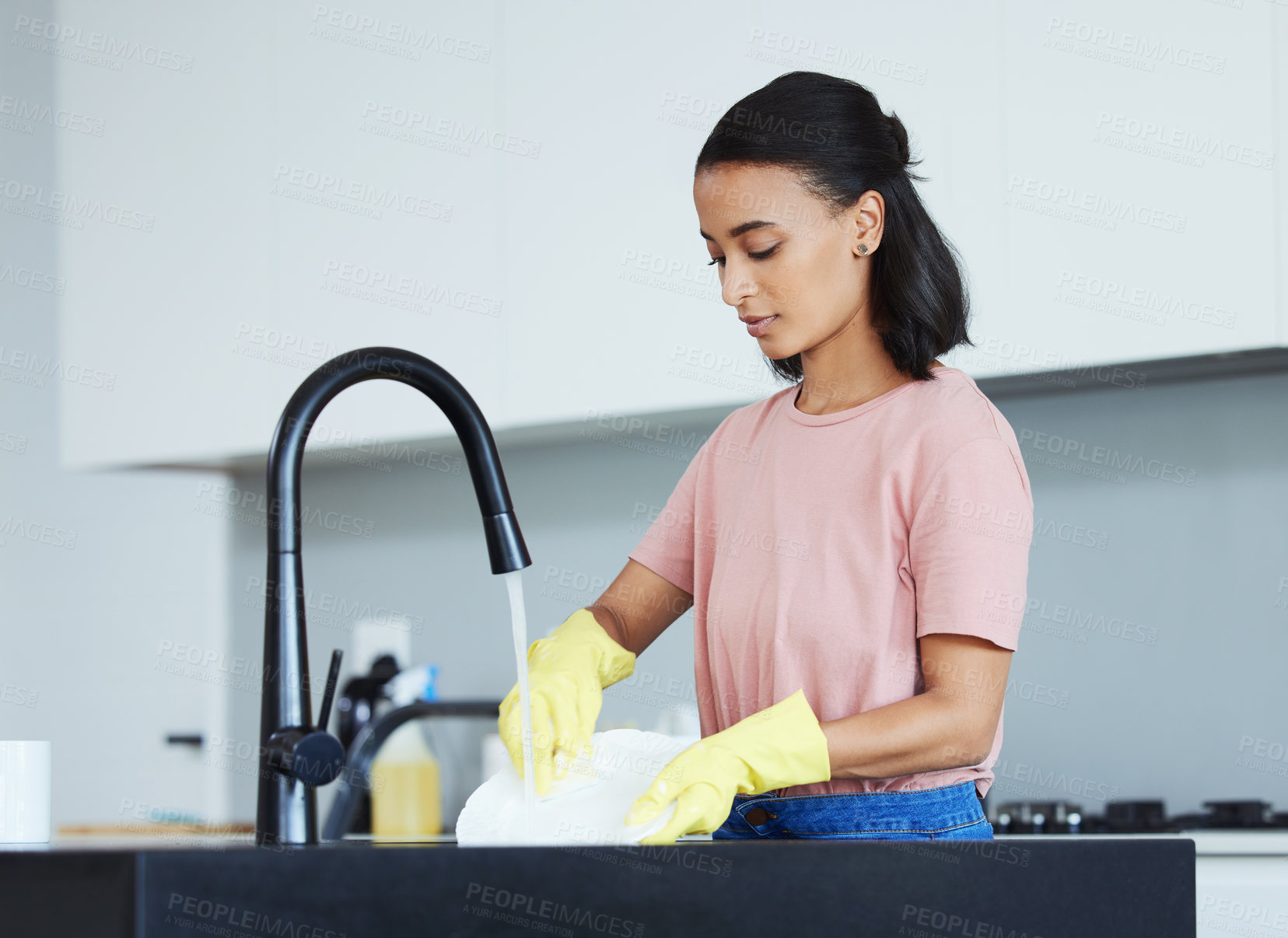 Buy stock photo Washing plate, water and woman in kitchen with soap for dirt, cleaning service and remove bacteria. Female cleaner or worker, liquid and hands with porcelain by sink for virus safety, health and tap