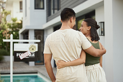 Buy stock photo Couple, new home and happy hug and back, property investment or purchase or mortgage with partners. Ownership, together and relationship achievement with house goal, real estate and loan at sold sign