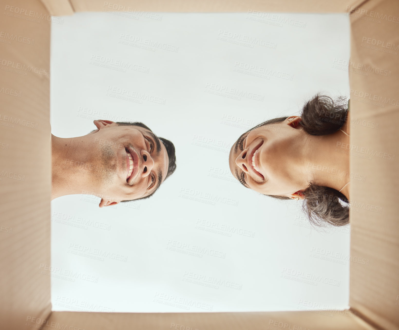 Buy stock photo Couple, new home and box pov for support in apartment together, property and investment or mortgage. Packaging, cardboard and relocating, man and woman or homeowner happy in house for real estate
