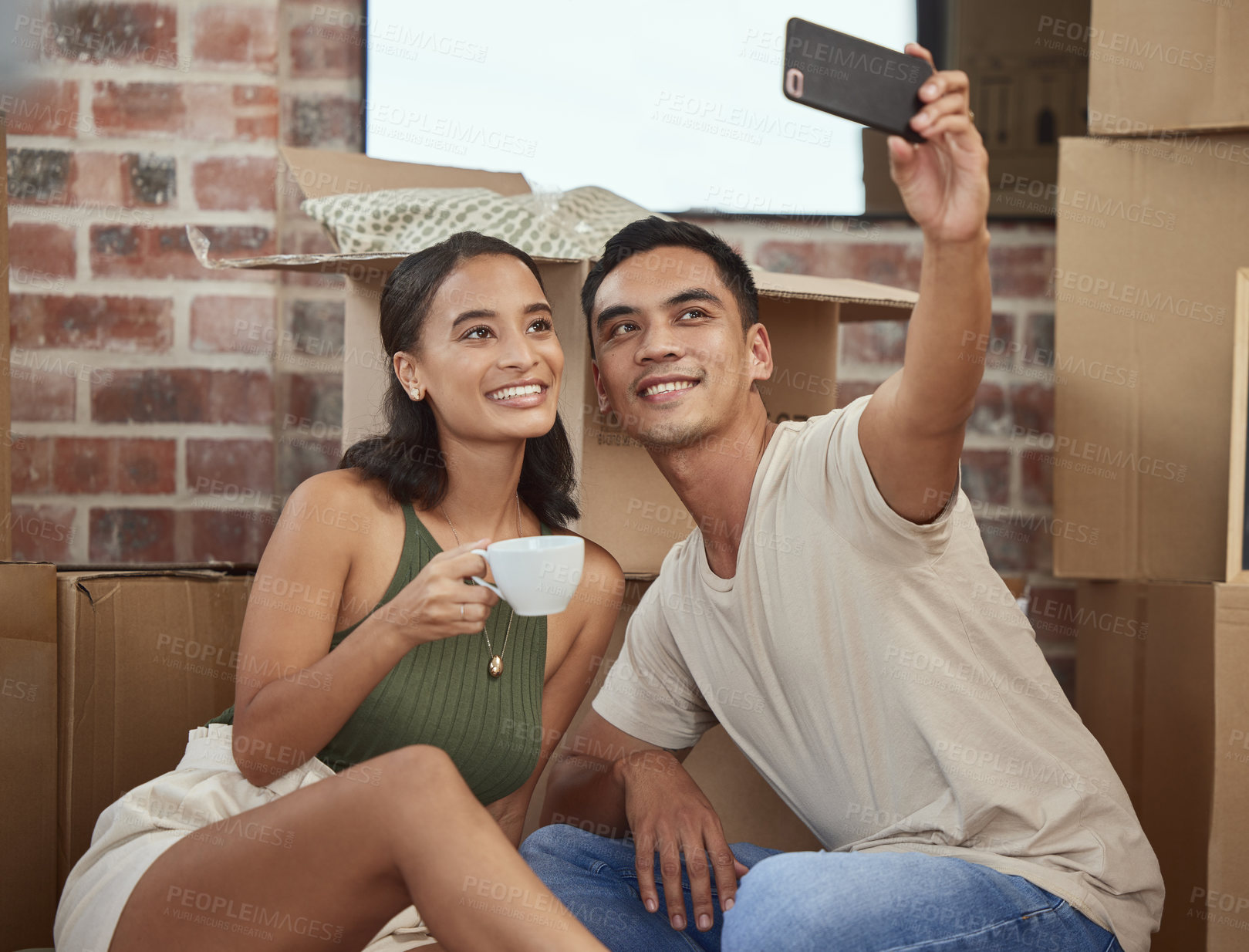 Buy stock photo Couple, selfie and box in new house and happy, profile picture and real estate for mortgage and property investment. Vlog, blog and internet social media or content, memory and online post together