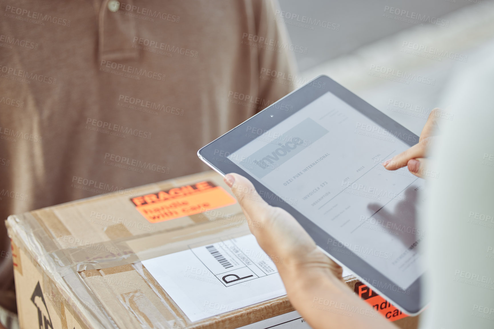 Buy stock photo Tablet, hand woman and signature of delivery for package with agreement for e commerce order, cargo and courier service. Customer, approval and parcel with supply chain for safe online shopping 
