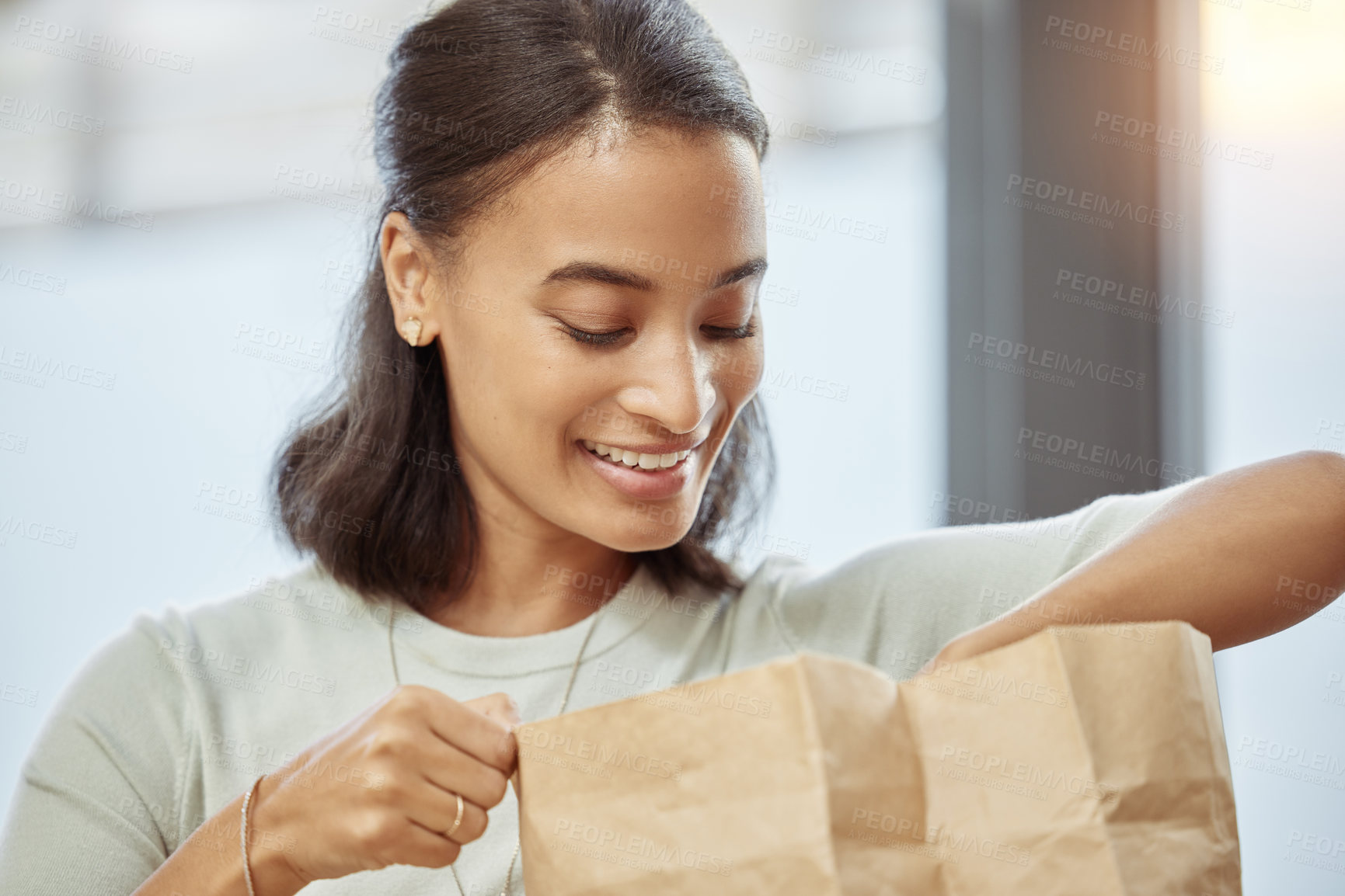 Buy stock photo Happy, woman and delivery package with paper bag at house for e commerce order, cargo and dinner from courier service. Smile, female customer and supply chain for safe online shopping parcel 