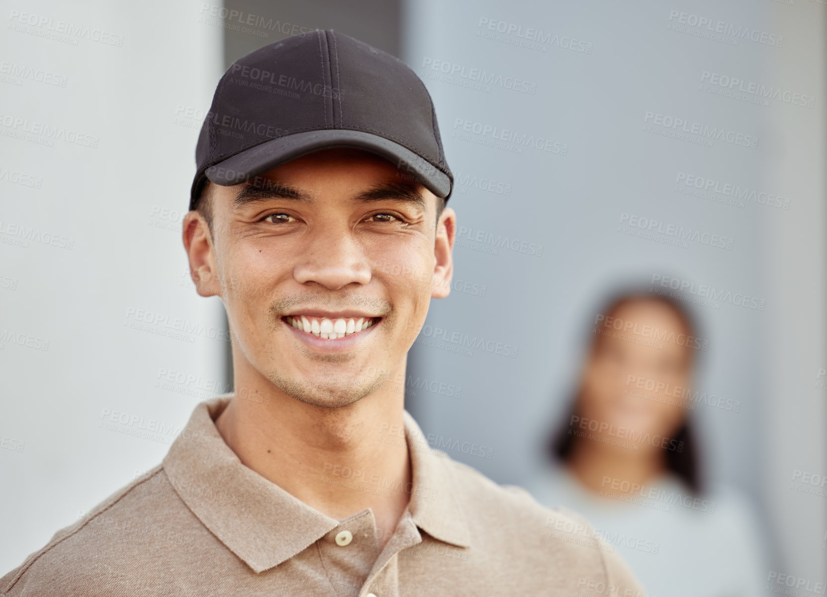 Buy stock photo Happy, man and portrait outdoor for delivery or service provider, ecommerce and courier for logistics or distribution. Male dispatcher, mock up and city for transport of supply chain and retail.