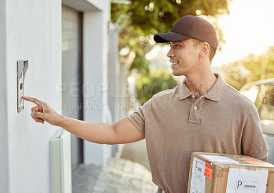 Buy stock photo Shot of a delivery man about to drop off a package