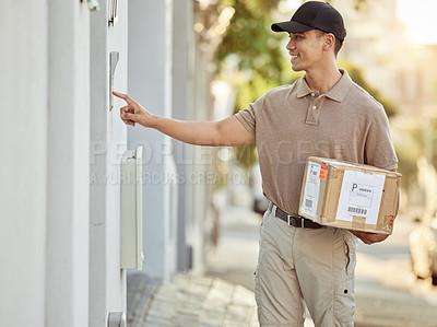 Buy stock photo Shot of a delivery man about to drop off a package