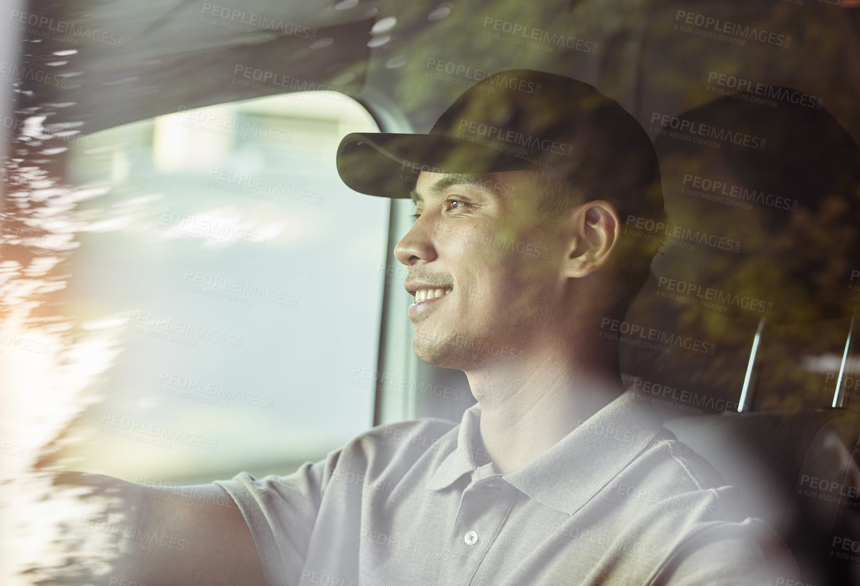 Buy stock photo Logistics, smile and delivery man in van with driving, supply chain and professional in safe distribution. Courier service, shipping worker or happy driver in car window with schedule for transport