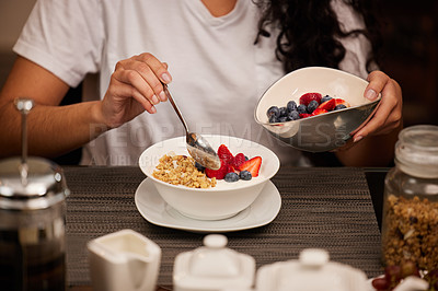 Buy stock photo Breakfast, hands and yogurt in a home with woman with brunch serving of cereal and fruit. Health, nutrition and diet brunch with bowl for eating healthy for weight loss in the morning with food