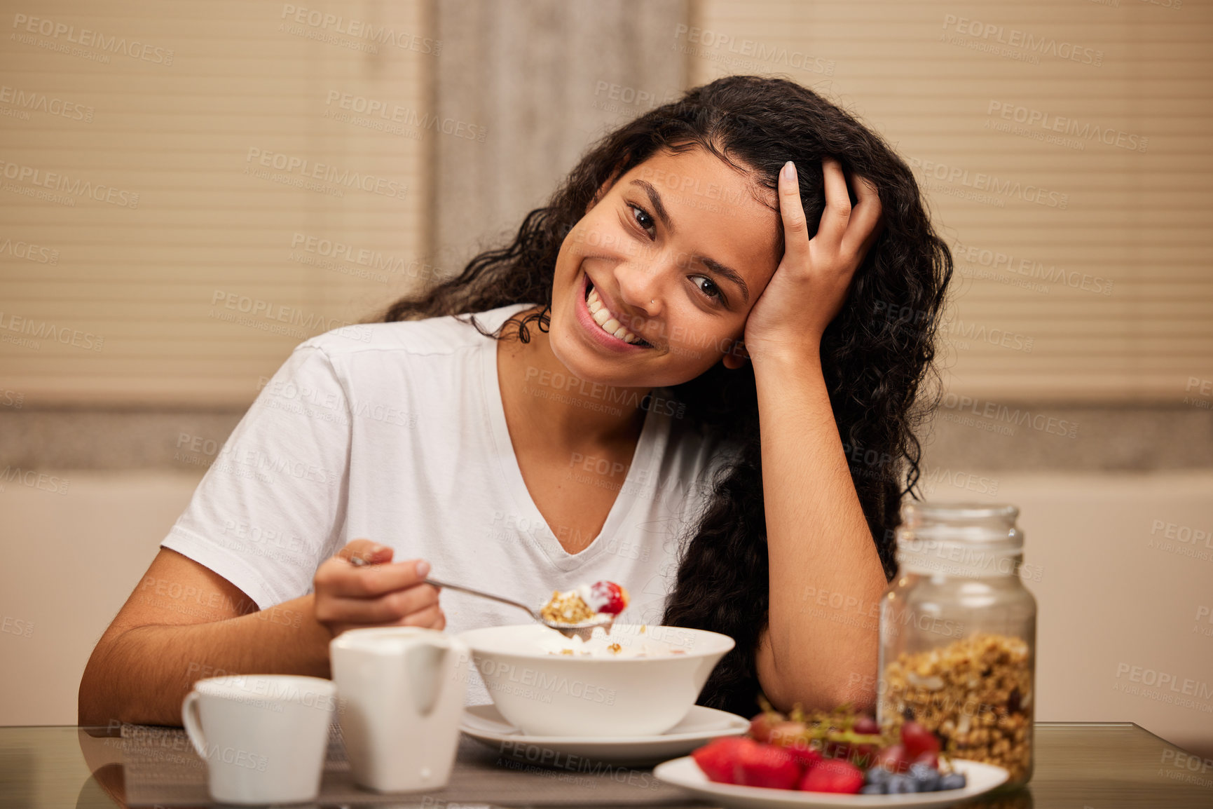 Buy stock photo Breakfast, woman and portrait with yogurt in a home with fruit with muesli of cereal and strawberry. Health, nutrition and diet brunch with bowl for eating healthy in the morning with food and smile