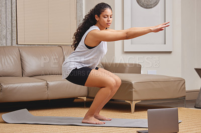 Buy stock photo Online, pilates and girl with laptop to exercise in home with workout class on internet for fitness. Yoga, stretching and woman in apartment watch video on computer, streaming tutorial or training