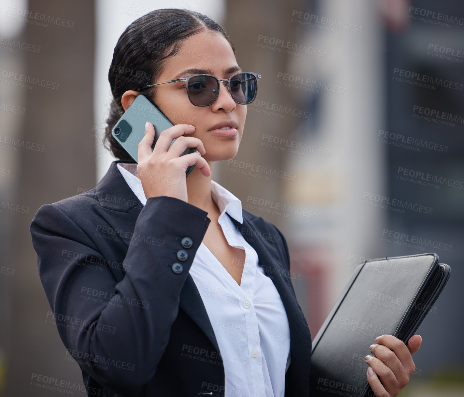 Buy stock photo Business, woman and phone call in city on commute in morning with chat to client or networking. Consulting, attorney and virtual conversation on street with smartphone at court to contact with news