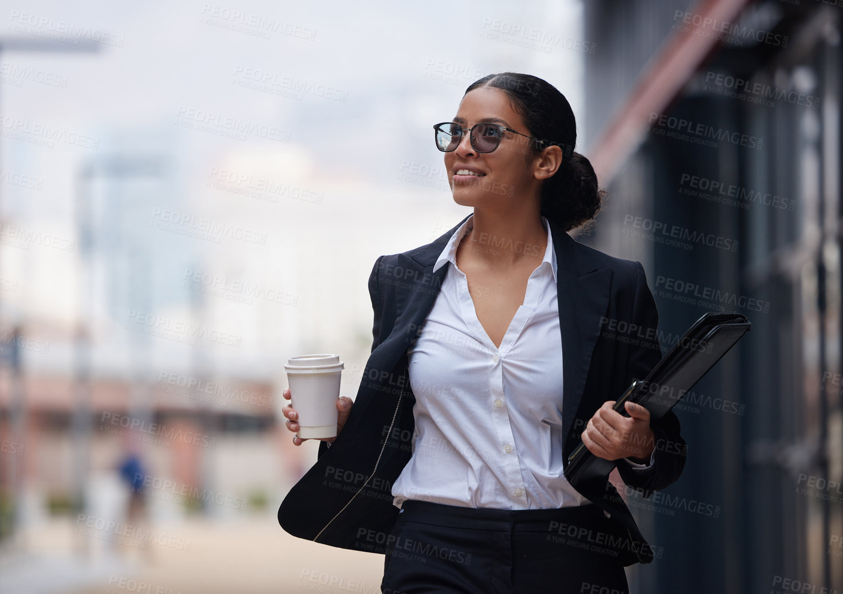 Buy stock photo Business, woman and thinking in city on coffee break in morning, walking to law firm or office. Consultant, attorney and happy commute journey to court building with espresso, latte or planning ideas