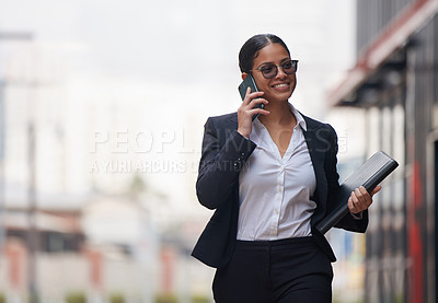 Buy stock photo Business, commute and woman with phone call in city, morning and networking chat to client. Consulting, attorney and virtual conversation on street with smartphone at court to contact with news